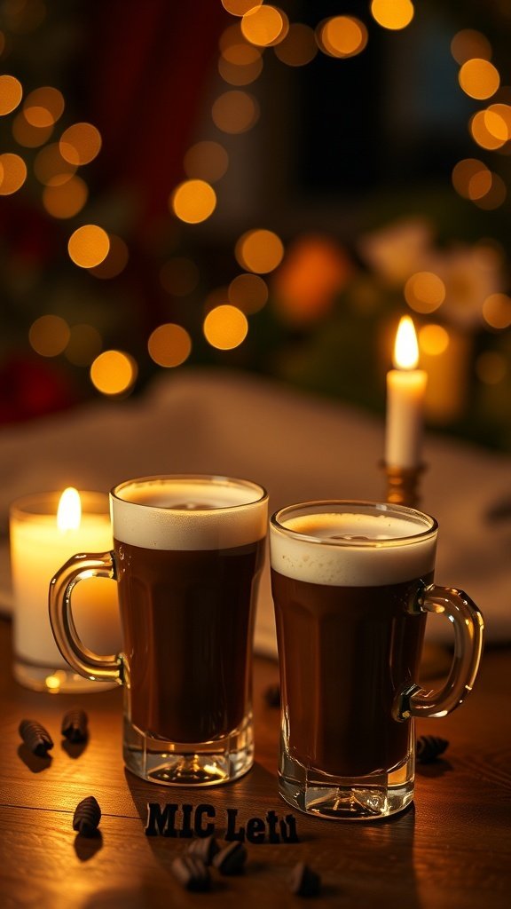 Two mugs of Irish coffee with candlelight in the background, creating a cozy atmosphere.