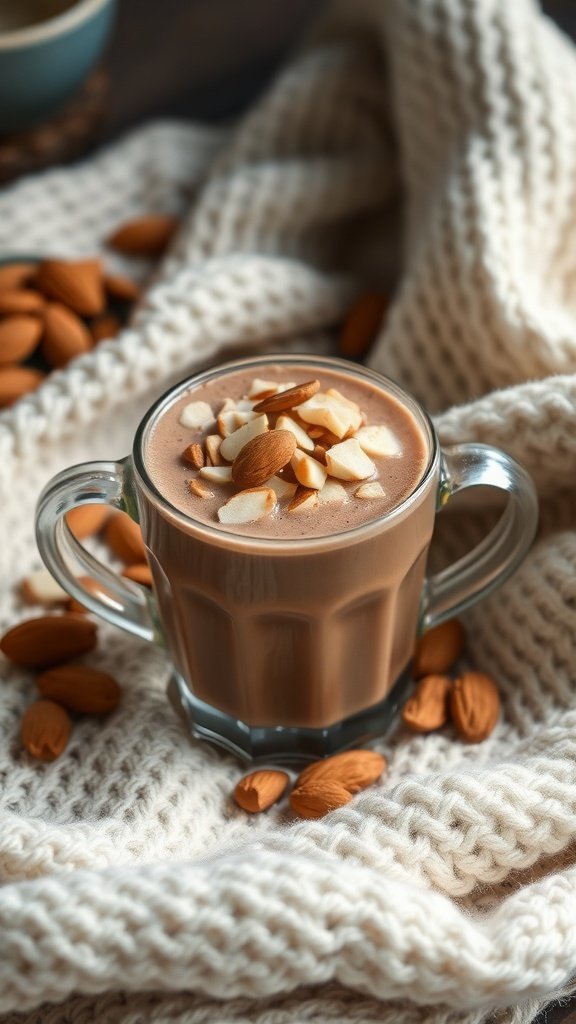 A glass of nutty almond chocolate elixir topped with sliced almonds, surrounded by whole almonds and a cozy knitted blanket.