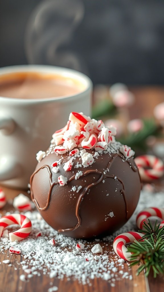 Peppermint mocha chocolate bomb topped with crushed peppermint candies, next to a steaming cup of hot chocolate.
