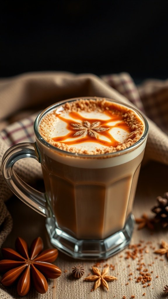 A warm cup of Maple Brown Sugar Chai Latte with spices around it.