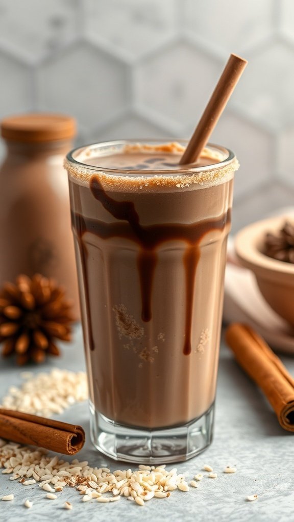 A glass of Mexican Chocolate Horchata with chocolate drizzle and cinnamon sticks