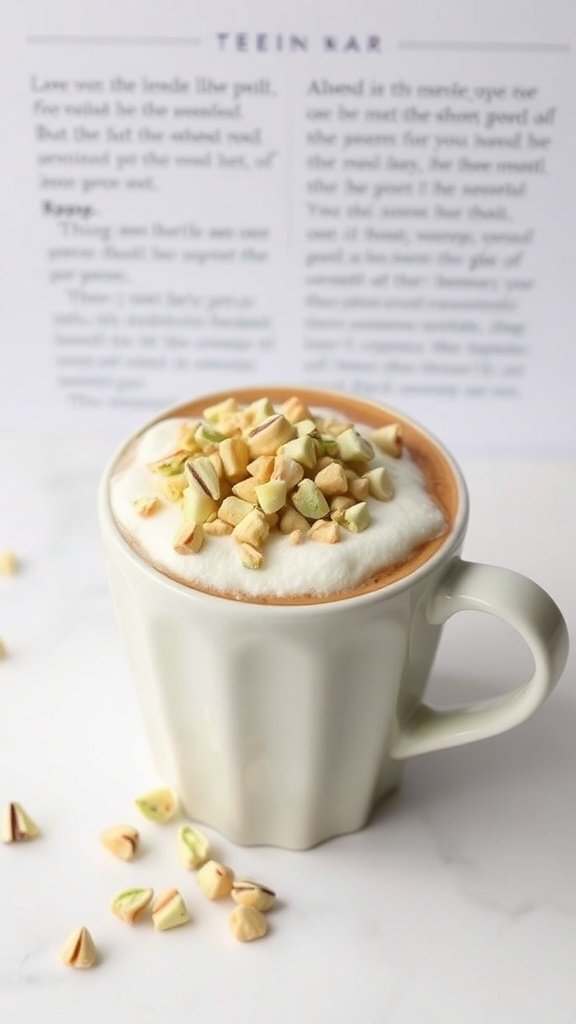A creamy pistachio latte topped with crushed pistachios in a white mug.