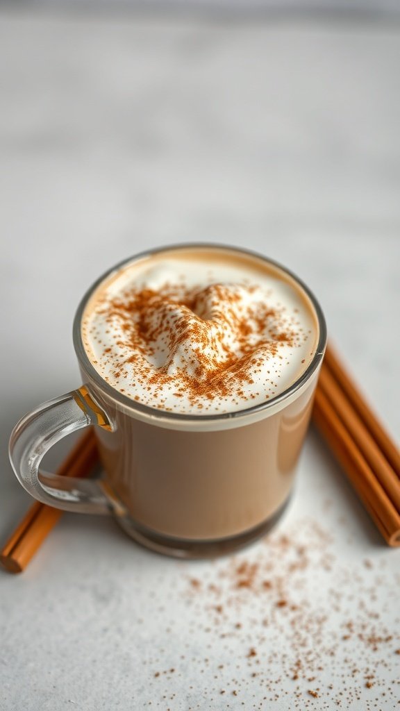 A cup of creamy plant-based bulletproof coffee topped with whipped cream and cinnamon, alongside cinnamon sticks.