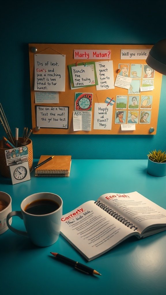 A cozy workspace with coffee mugs, an open notebook, and a corkboard filled with notes and sketches.