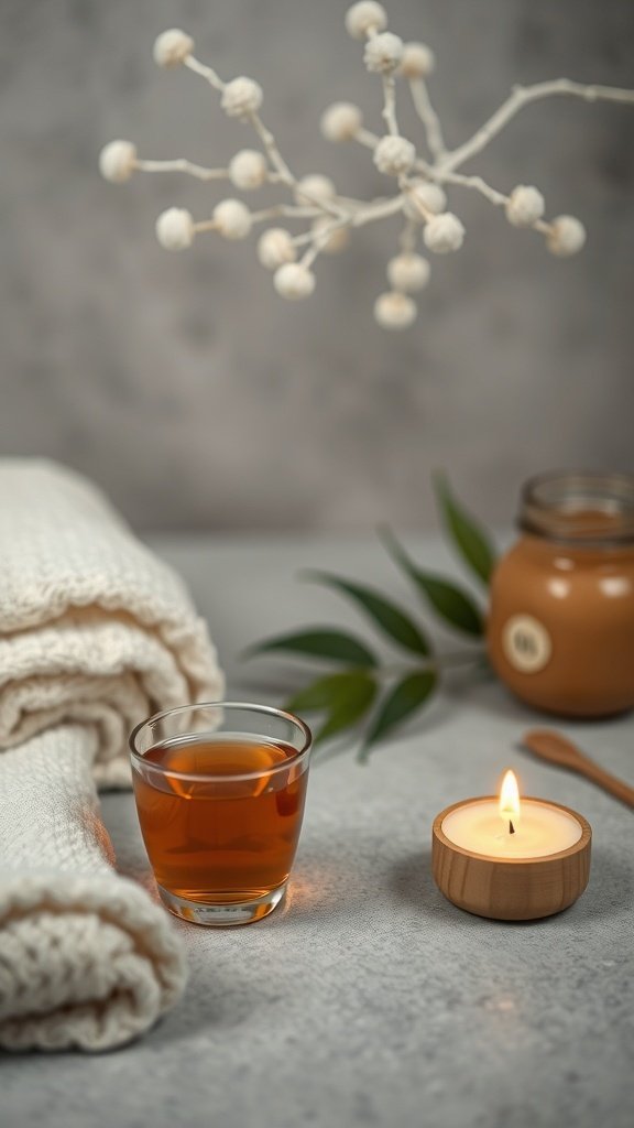 A cozy setup featuring a glass of turmeric tea, a soft blanket, a candle, and natural elements.