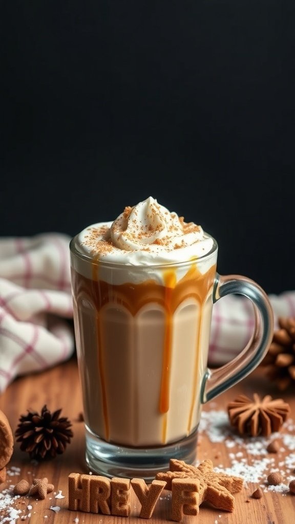 A gingerbread chai latte topped with whipped cream and caramel, surrounded by gingerbread cookies and pinecones.