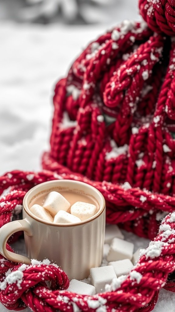 A cozy mug of hazelnut mocha cocoa with marshmallows, surrounded by a red knit hat and snow.