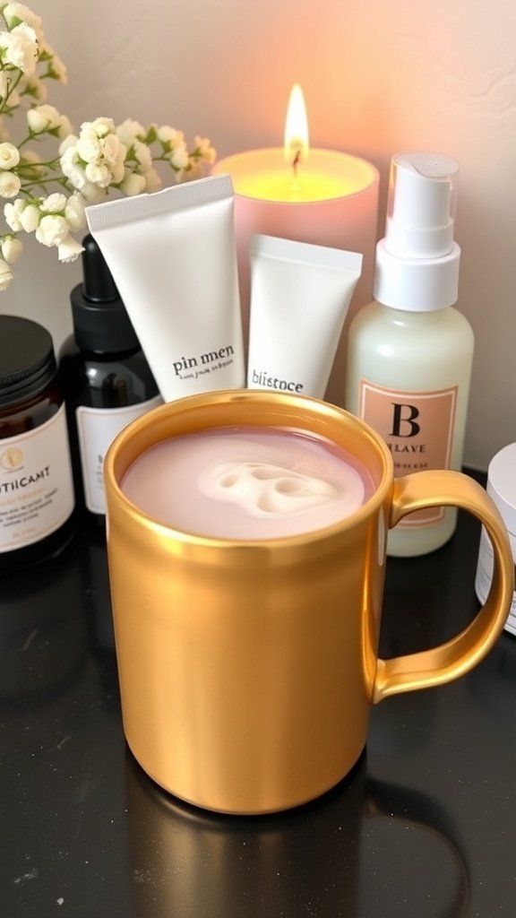 A golden mug filled with skincare products, surrounded by candles and soft fabrics, creating a cozy atmosphere.