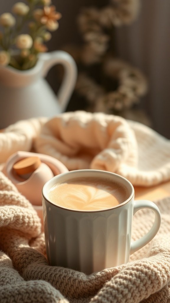 A cozy scene featuring a warm chai latte in a white mug, surrounded by a soft blanket and a vase of flowers.