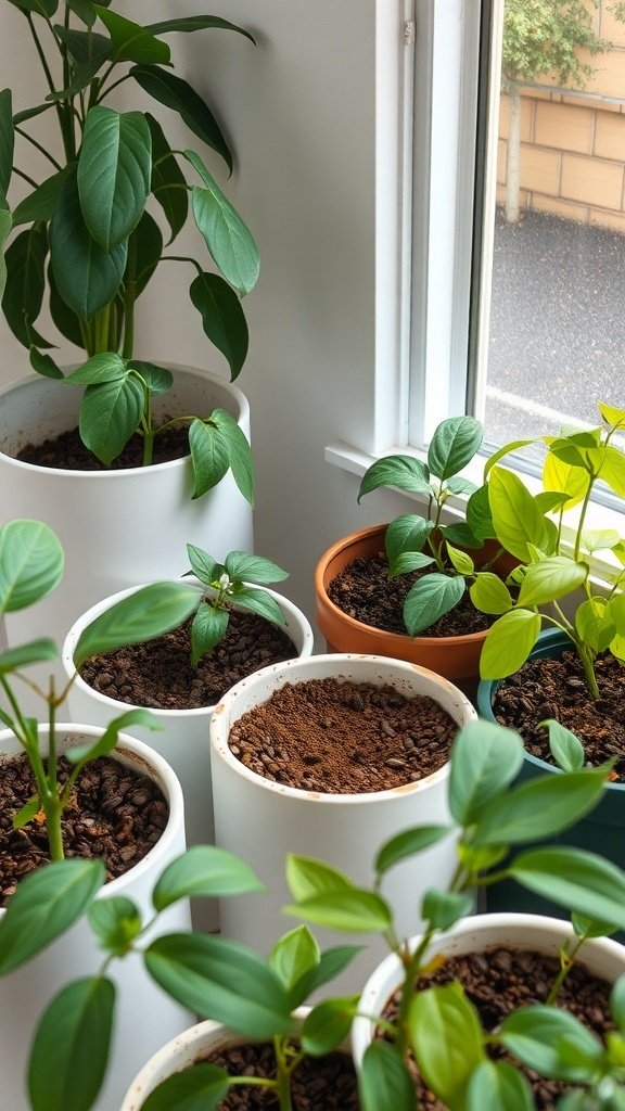 Indoor plants with coffee grounds on the soil surface