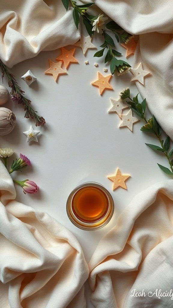 A warm evening brew surrounded by flowers and star-shaped decorations on a soft fabric.