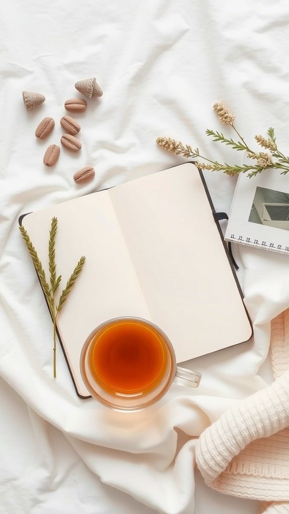 A cozy scene featuring a cup of tea, a notebook, and some sweet treats on a soft blanket.