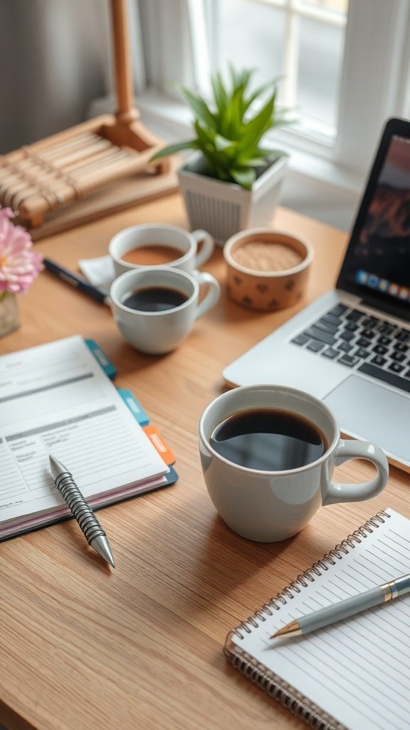 A workspace featuring a laptop, wellness planners, and cups of coffee on a wooden table.