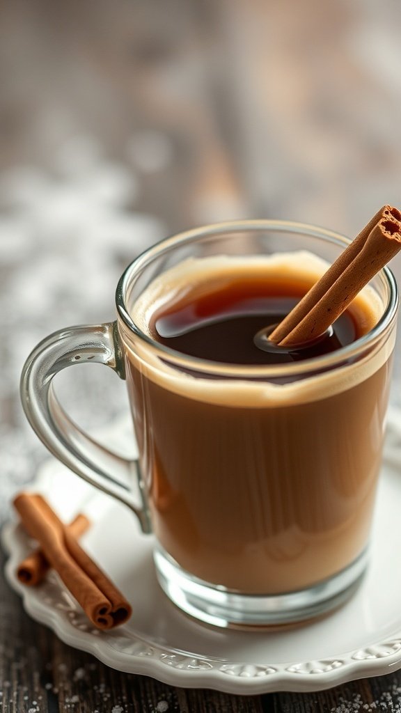 A warm cup of eggnog espresso topped with a cinnamon stick.
