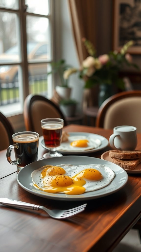 A cozy brunch setting with eggs, toast, and whiskey-infused coffee.