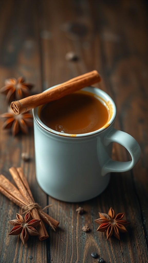 A cozy cup of cinnamon spice coffee with cinnamon sticks and star anise on a wooden table.