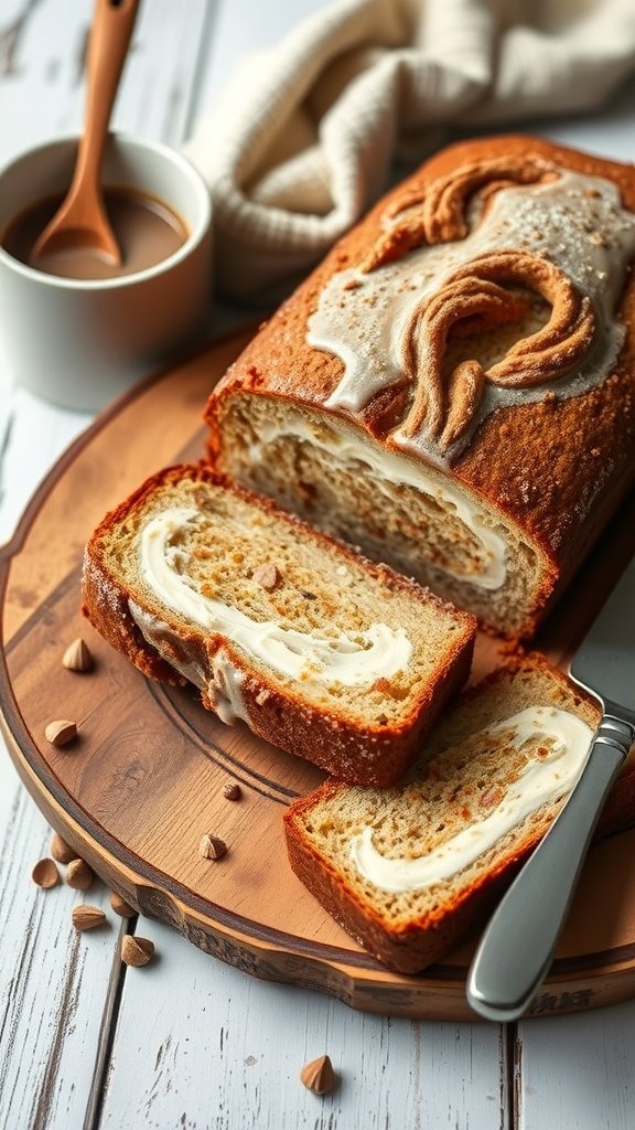 A loaf of coffee cake with sour cream, sliced and served on a wooden platter, next to a cup of coffee.
