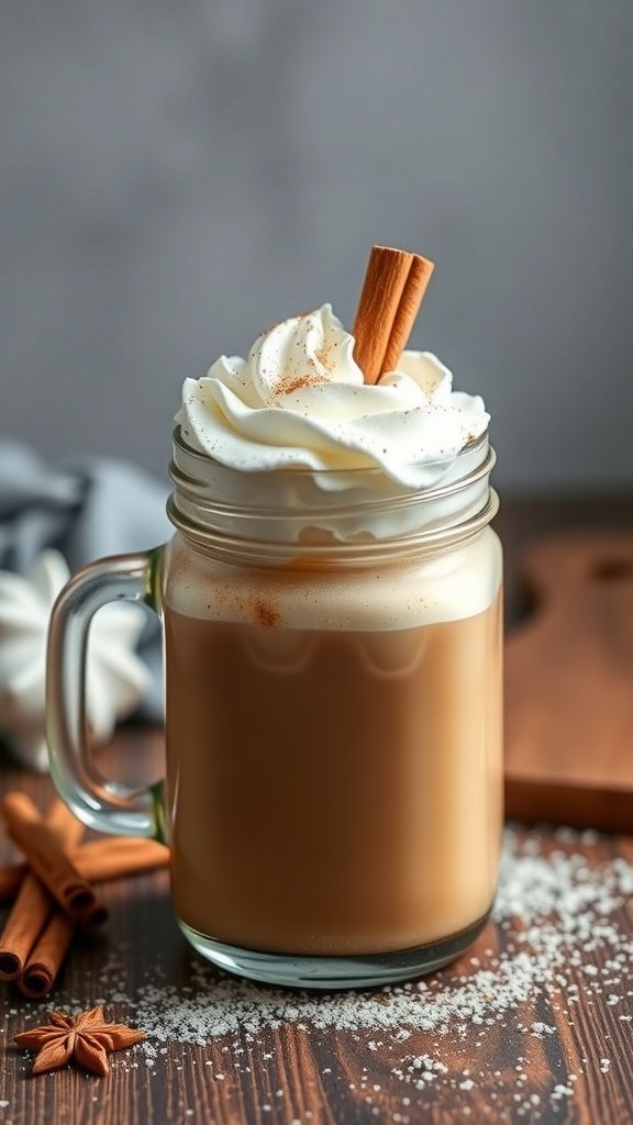 A cozy pumpkin spice latte topped with whipped cream and a cinnamon stick.