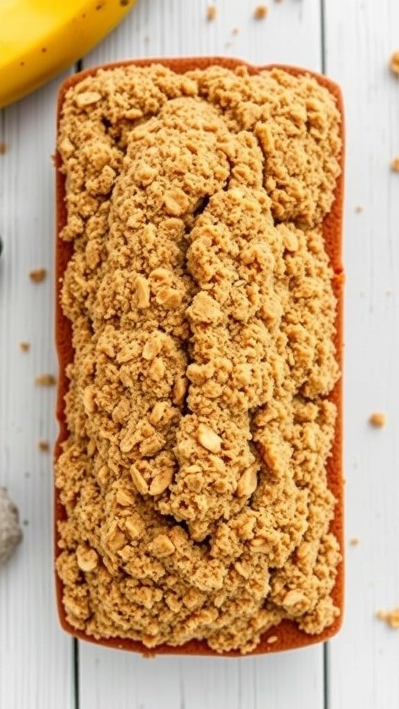 A loaf of coffee cake banana bread topped with streusel and a banana in the background.