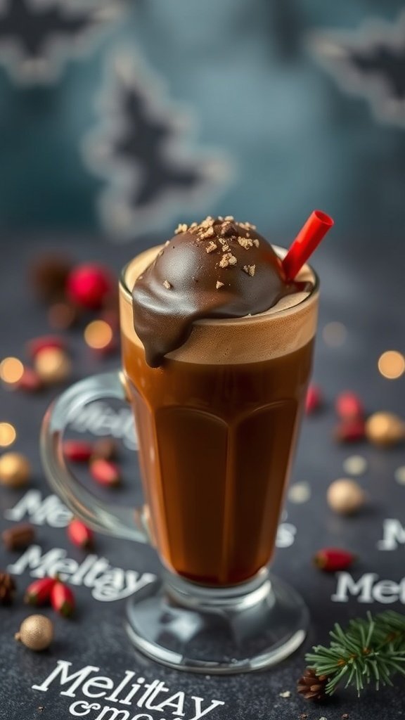 A glass of Choco-Bomb Espresso topped with chocolate and a red straw, surrounded by festive decorations.