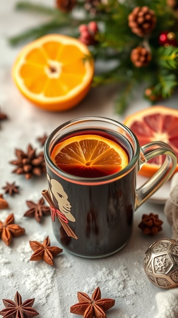 A cozy mug of mulled wine coffee blend with orange slices and spices, perfect for Christmas morning.