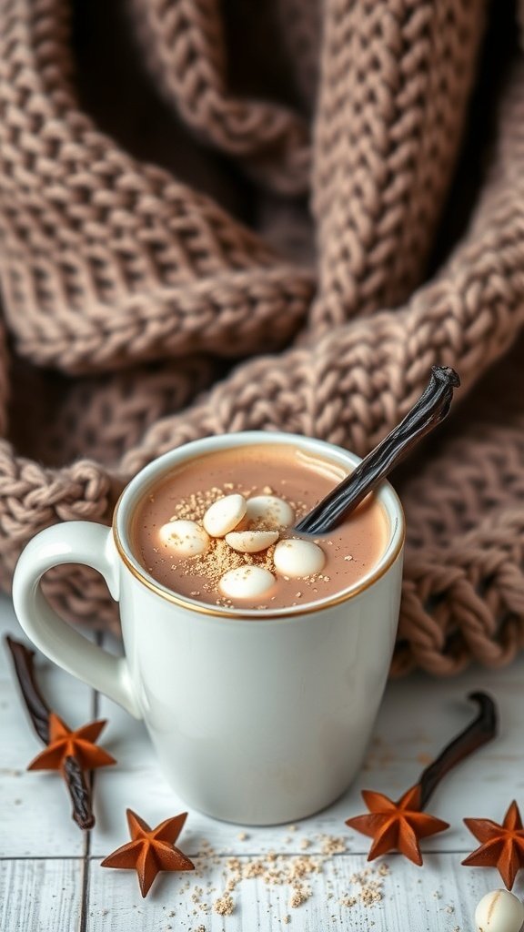 A cozy mug of Mexican hot chocolate with white chocolate and nutmeg, surrounded by a knitted blanket and star anise.