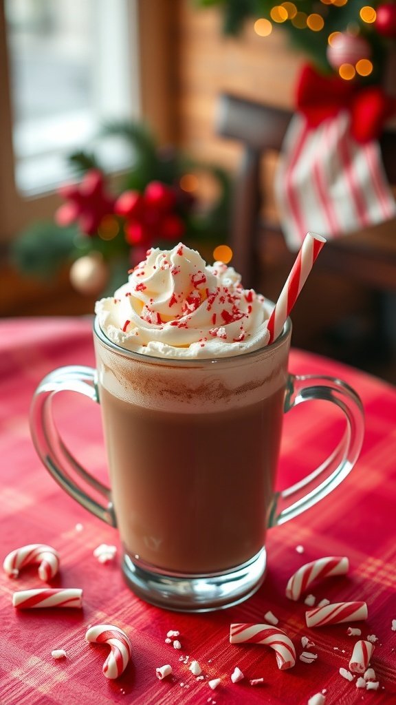 A glass of peppermint mocha topped with whipped cream and crushed candy canes, surrounded by candy canes on a red tablecloth.