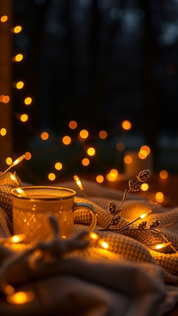 A cozy cup of golden milk chai surrounded by soft lights and a warm blanket.