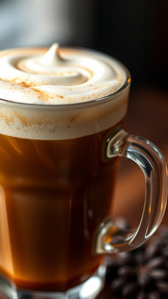 A glass of Irish coffee topped with creamy foam.