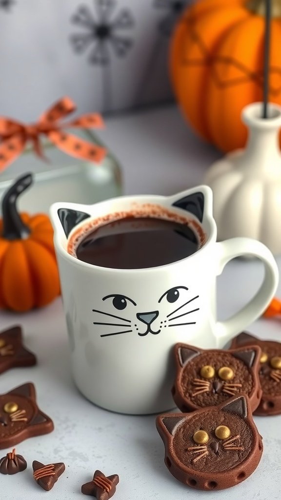 A cup of hot chocolate with a cat face design, surrounded by Halloween-themed decorations and cookies.