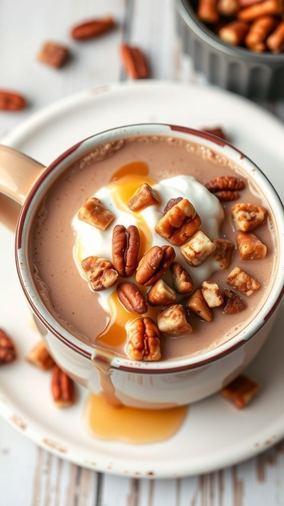 A warm cup of Maple Pecan Hot Chocolate topped with pecans and maple syrup