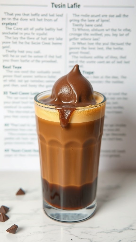 A glass of Choco-Bomb Espresso topped with chocolate cream.