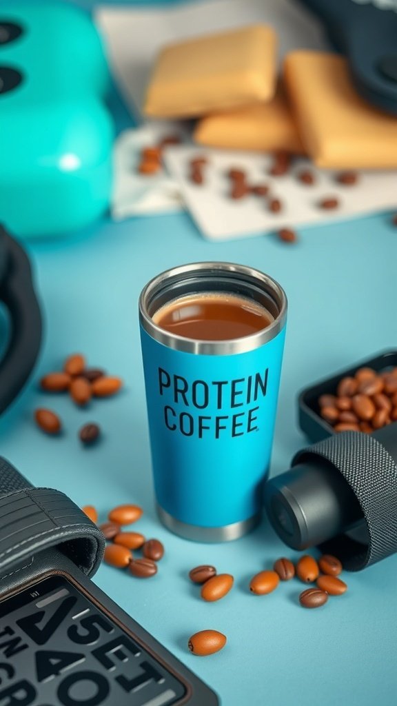 A vibrant blue cup labeled 'PROTEIN COFFEE' filled with coffee, surrounded by coffee beans and protein bars.