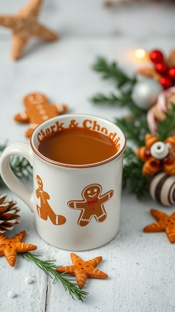 A cozy gingerbread chai latte in a festive mug surrounded by gingerbread cookies and holiday decorations.