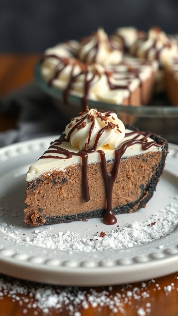 A slice of Frozen Mud Pie on a plate, topped with whipped cream and chocolate drizzle.