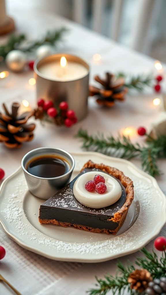 A slice of rich dark chocolate tart with espresso served on a plate, garnished with raspberries and a side of coffee.