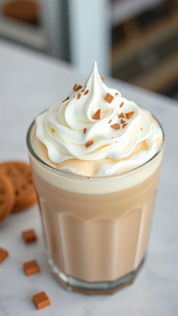 A delicious Cookie Butter Latte topped with whipped cream and cookie crumbs.