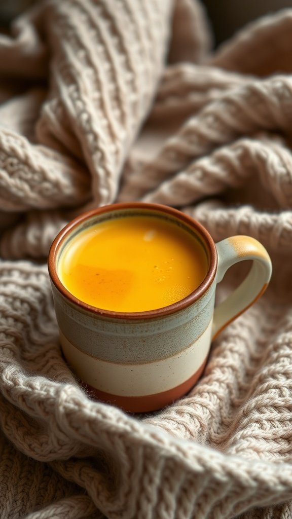 A cozy cup of Hot Turmeric Golden Latte on a soft blanket