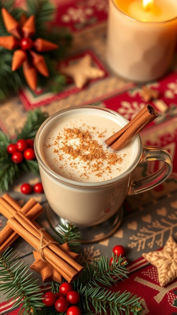 A cozy cup of eggnog coffee fusion with a cinnamon stick and festive decorations.