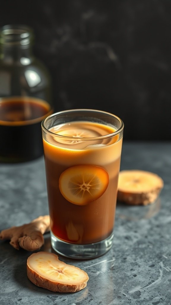 A glass of Espresso Ginger Kombucha with ginger slices on the side.