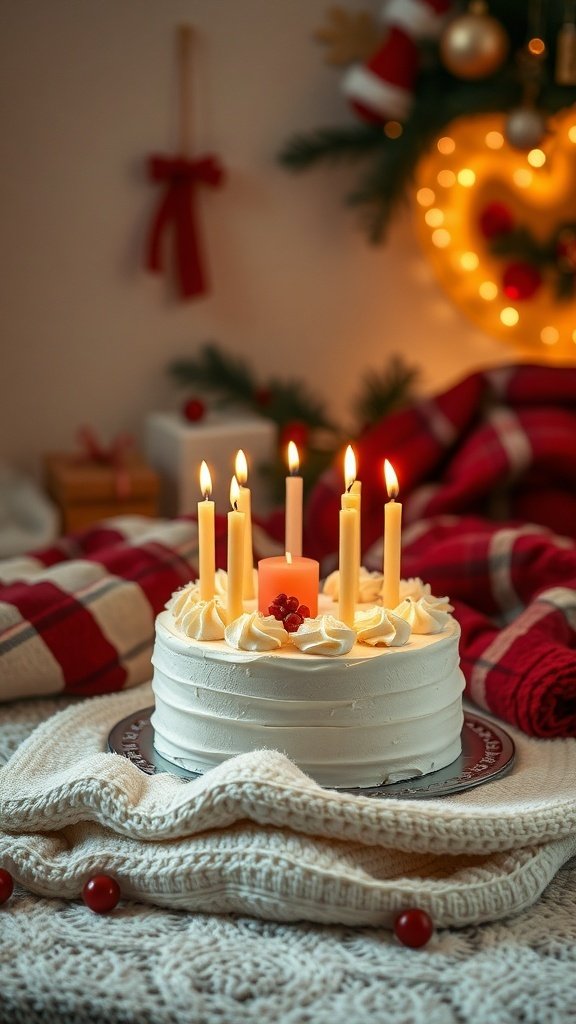 A beautifully decorated cranberry orange cake with candles, surrounded by cozy holiday decor.