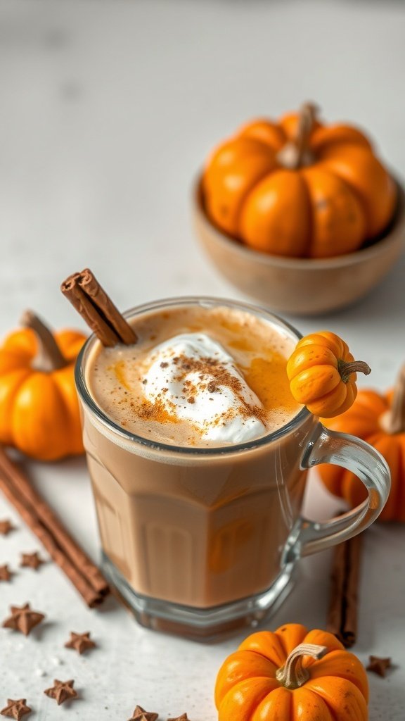 A pumpkin cream chai latte with whipped cream and cinnamon, surrounded by small pumpkins and cinnamon sticks.