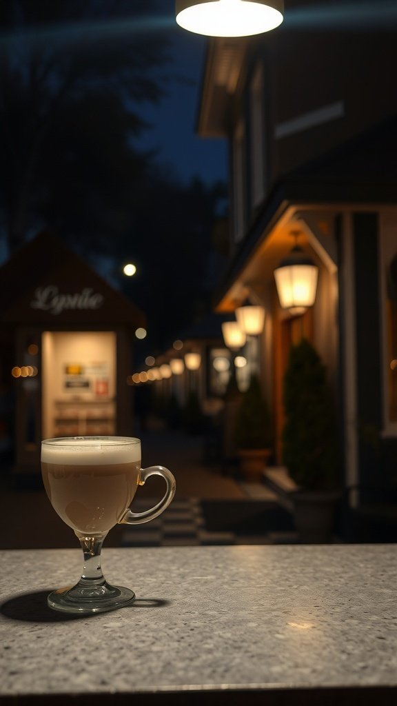 A glass of golden milk latte on a countertop with soft lighting in the background