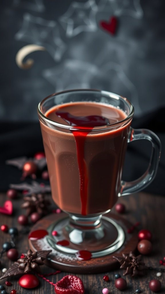 A glass of hot chocolate with a red syrup drizzle, surrounded by Halloween-themed decorations.
