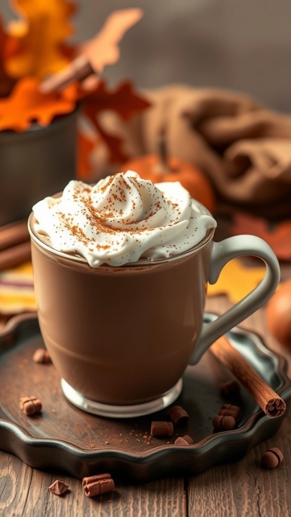 A cozy cup of classic Mexican hot chocolate topped with whipped cream and cinnamon, surrounded by autumn leaves.