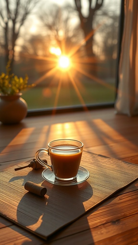 A glass mug of golden milk chai on a wooden table with sunlight streaming through a window.