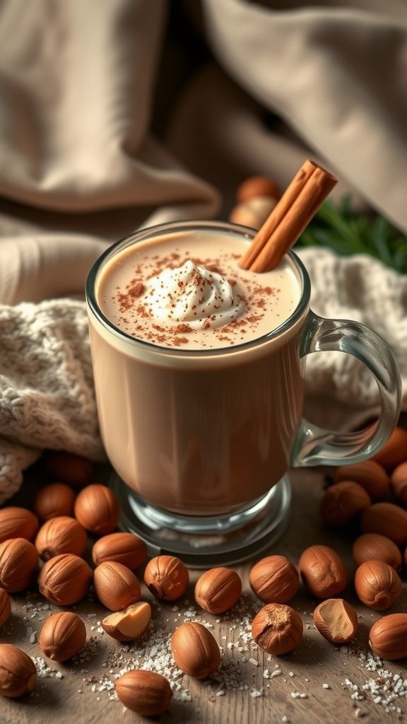 A cozy mug of Cinnamon Hazelnut Hot Chocolate topped with whipped cream and a cinnamon stick, surrounded by hazelnuts.