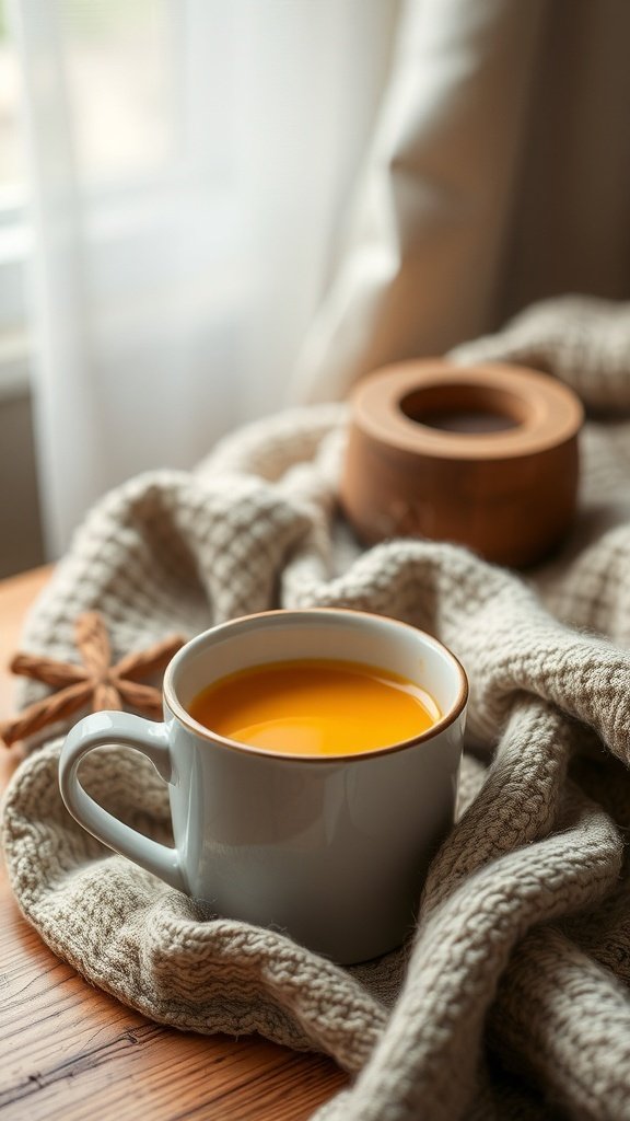 A cozy cup of golden milk chai on a knitted blanket