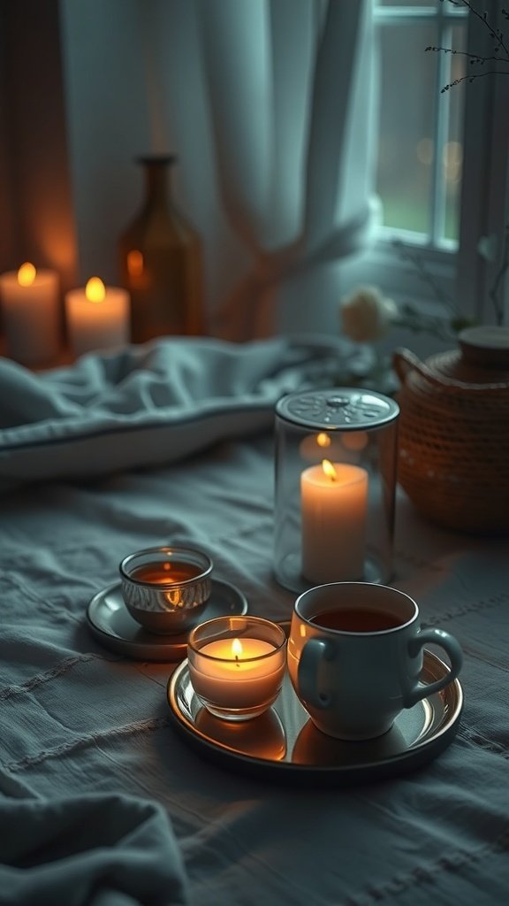 A cozy evening scene with cups of tea and candles on a blanket.