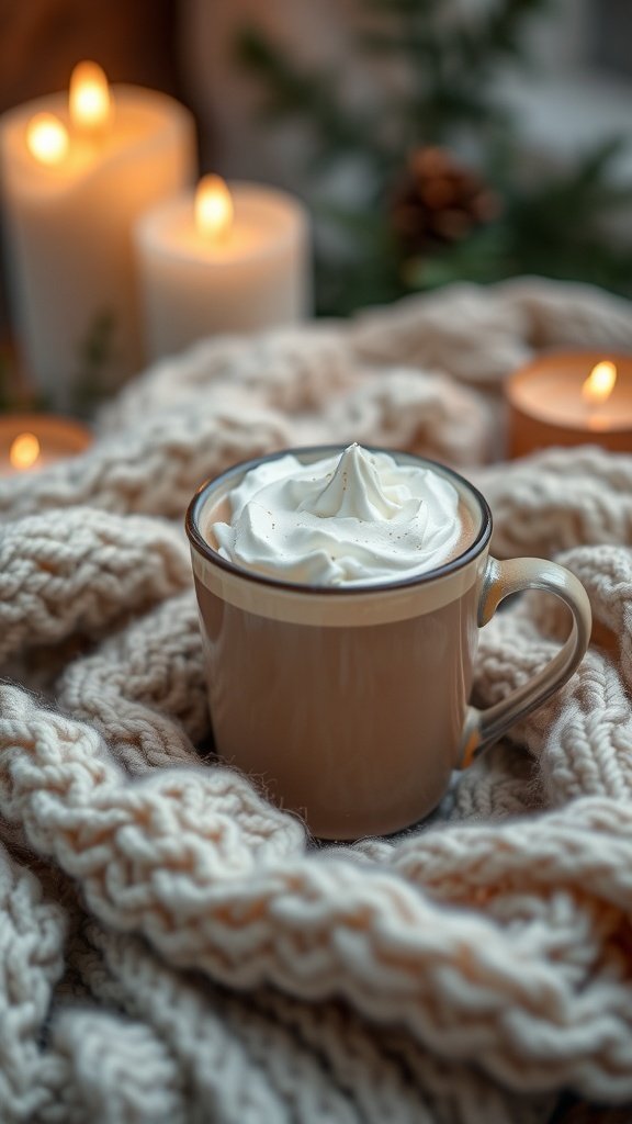 A cozy brown sugar chai latte topped with whipped cream, surrounded by candles and a knitted blanket.